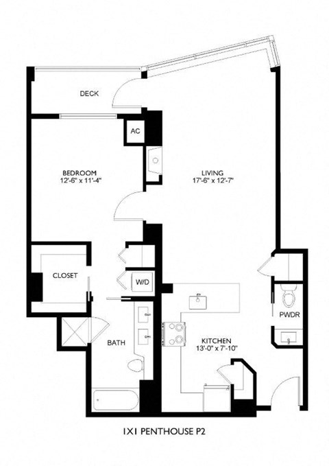 A black and white floor plan of a penthouse apartment.